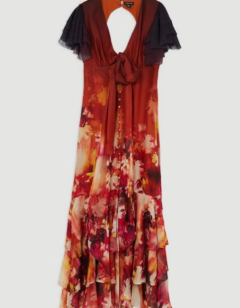 Ombre Floral Ruffle Sleeve Button Through Maxi Dress