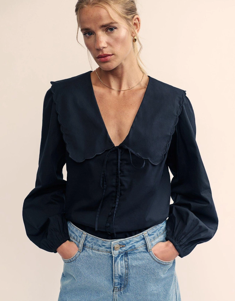 Collar Detail Long Sleeve Blouse - Black