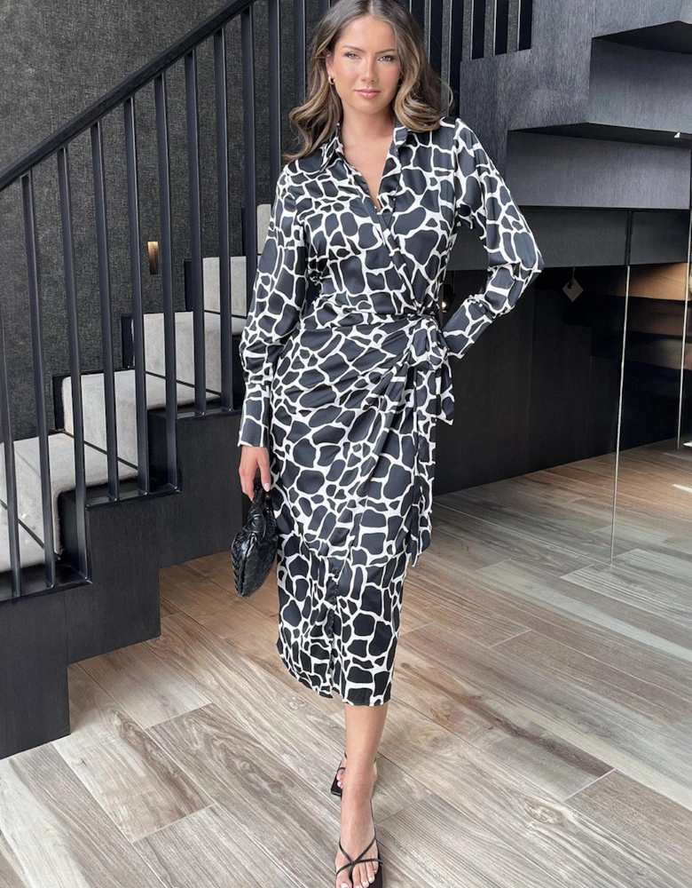 Giraffe Print Waist Side Tie Midi Dress - Black/White