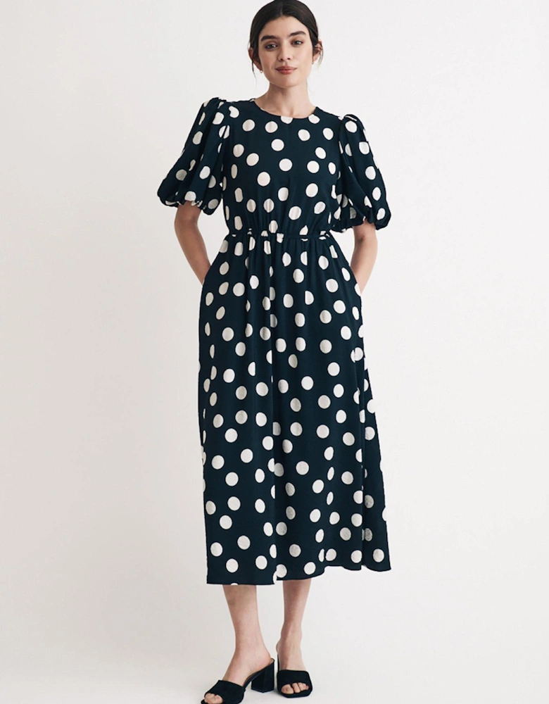 Puff Sleeve Polka Dot Midi Dress - Black