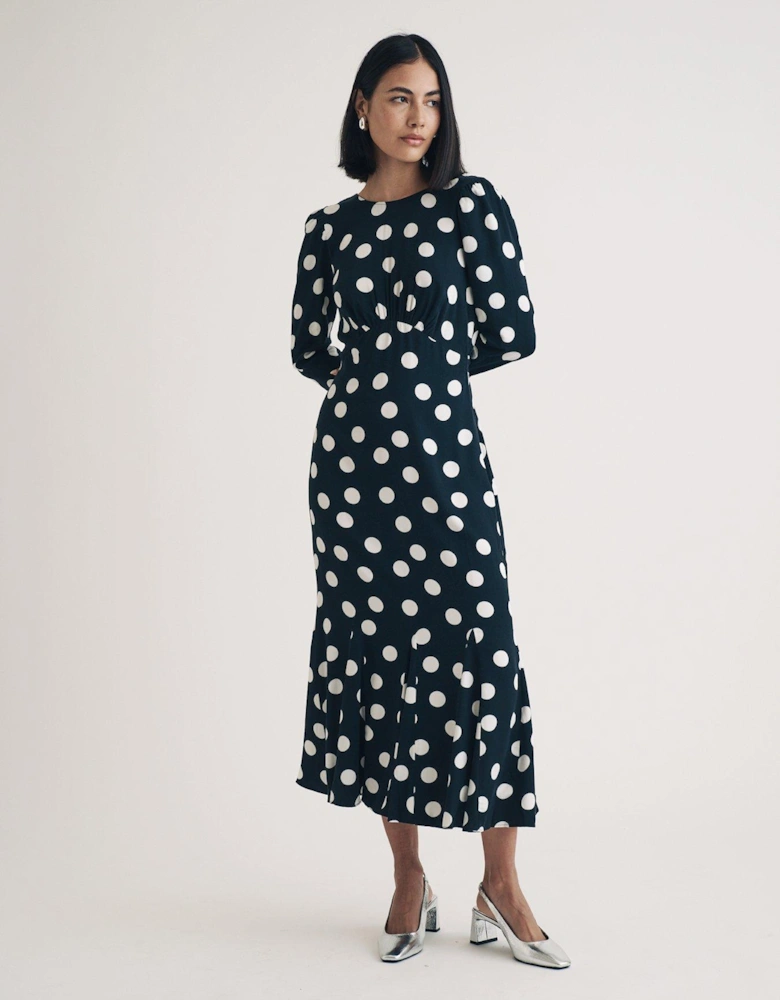 Long Sleeve Polka Dot Midi Dress - Black