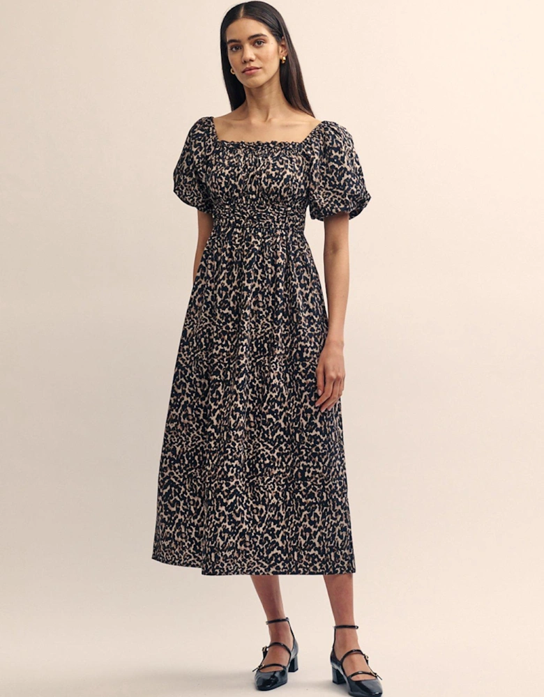 Leopard Print Puff Sleeve Midi Dress - Multi