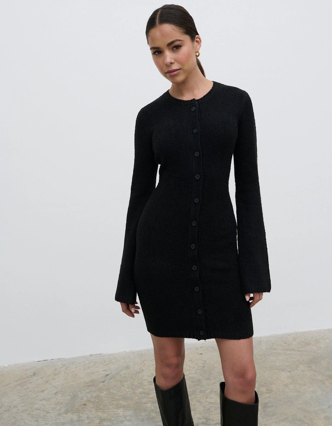 Aida Mini Button Down Knit Dress - Black, 5 of 4