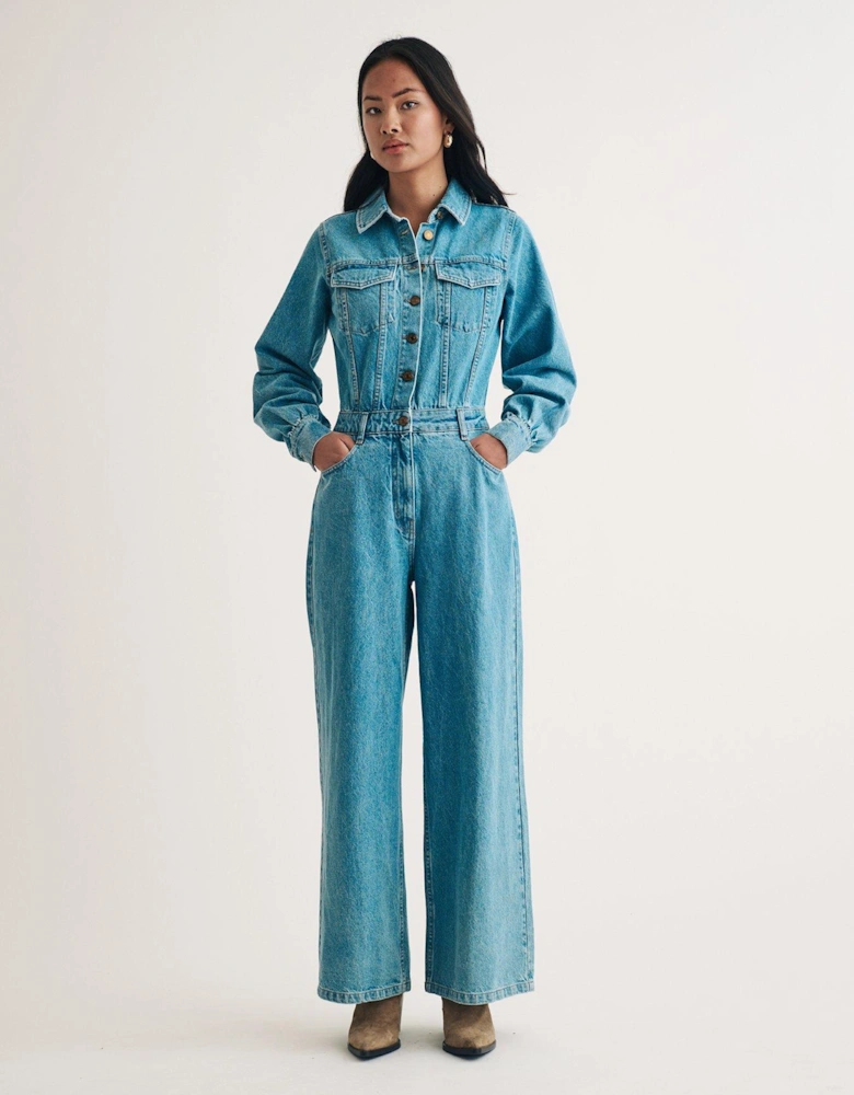 Denim Long Sleeve Jumpsuit - Blue