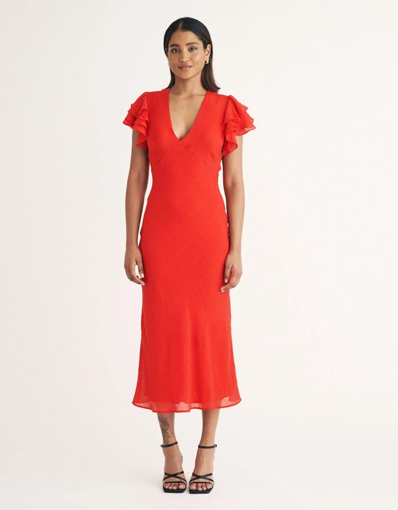 V Neck Frill Sleeve Midi Dress - Red