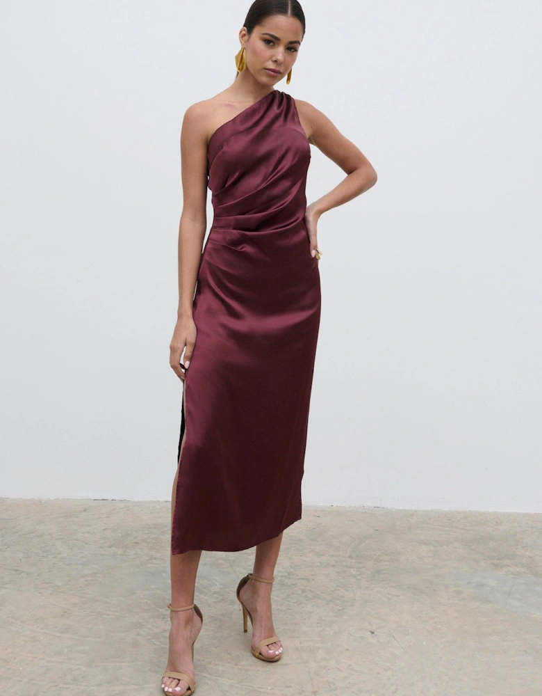 Ruched One Shoulder Midaxi Dress - Plum