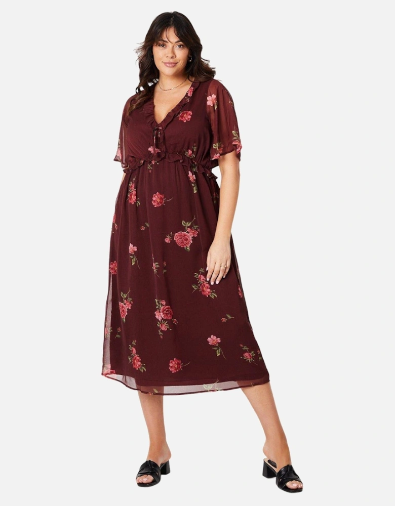 Womens/Ladies Floral Chiffon Frill Plus Midi Dress