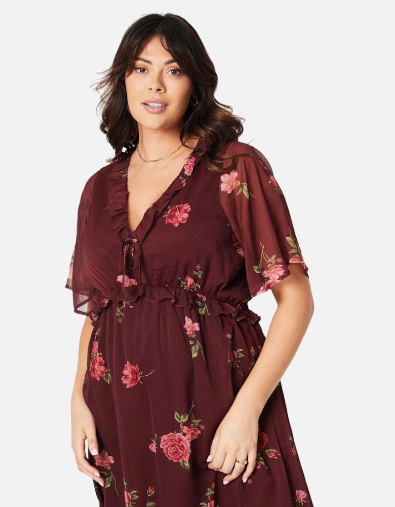 Womens/Ladies Floral Chiffon Frill Plus Midi Dress