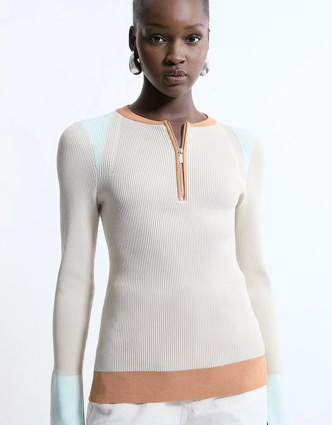 Rib Knit Half Zip Cuff Detail Top, 4 of 3