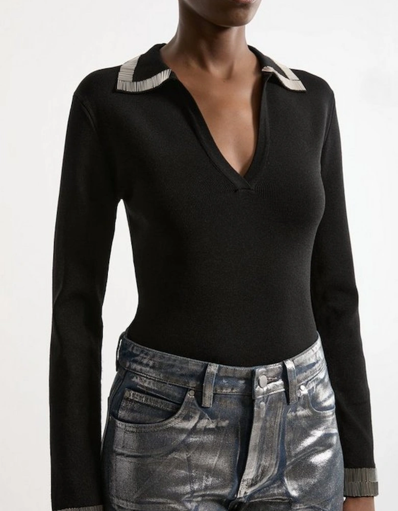 Embellished Collar And Cuff Viscose Blend Knit Polo Top