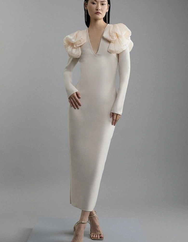 Figure Form Bandage Knit Silk Ruffle Shoulder Detail Maxi Dress