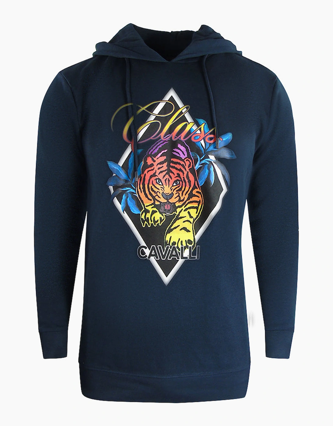 Roberto Cavalli Men's Navy/Navy Cavalli Class Diamond Tiger Design Blue Hoodie - Size: 44