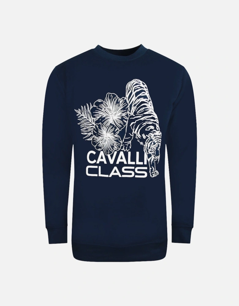 Cavalli Class Large Floral Tiger Design Navy Blue Sweatshirt