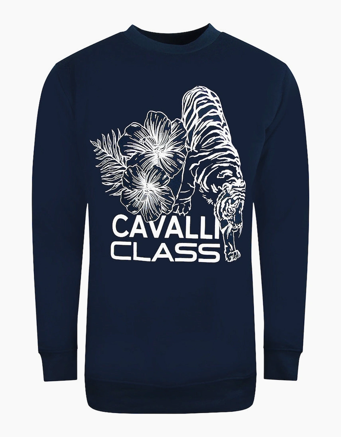 Men's Cavalli Class Large Floral Tiger Design Navy Blue Sweatshirt - Size: 42