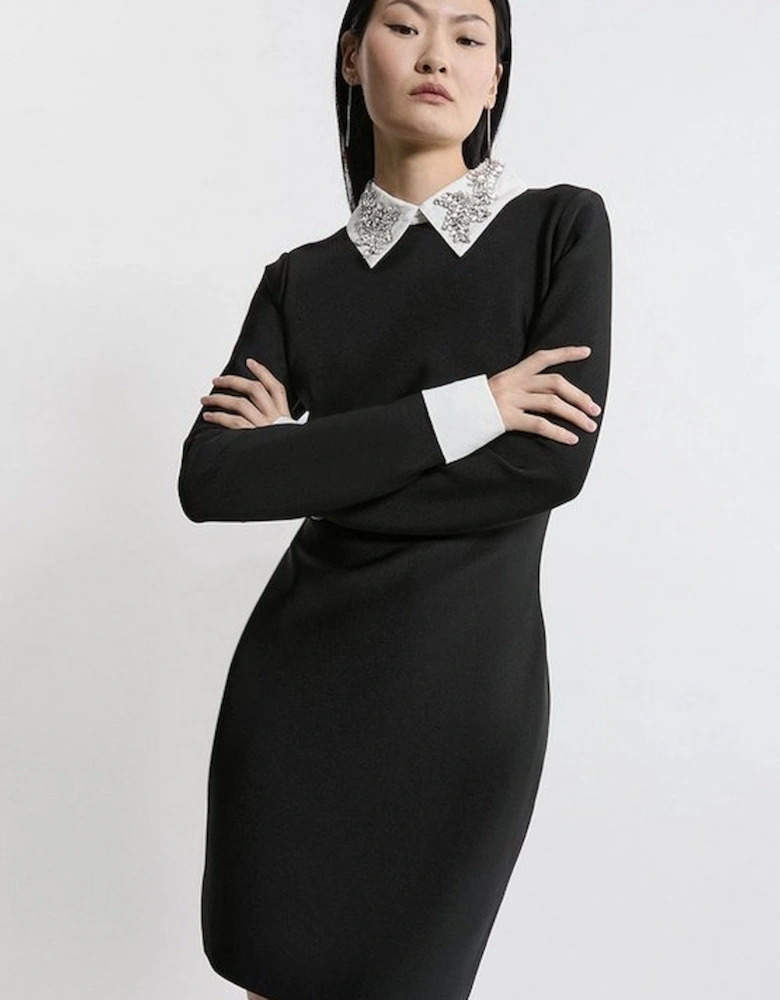 Figure Form Bandage Embellished Collar Knit Mini Dress