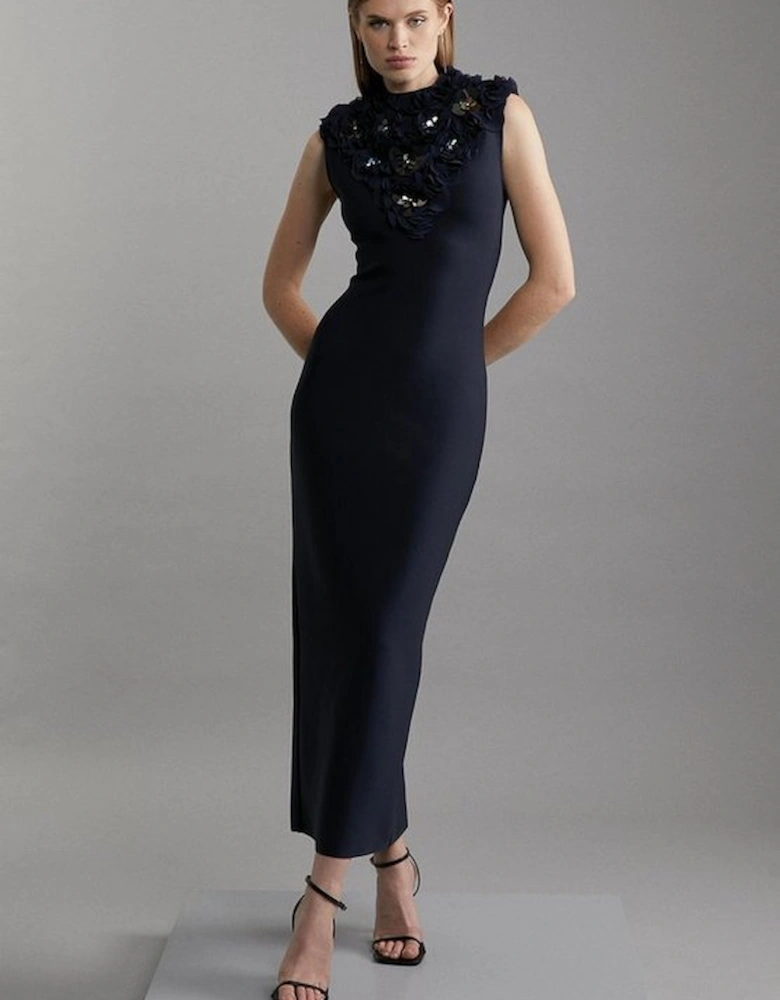 Figure Form Bandage Embellished Neck Maxi Column Dress