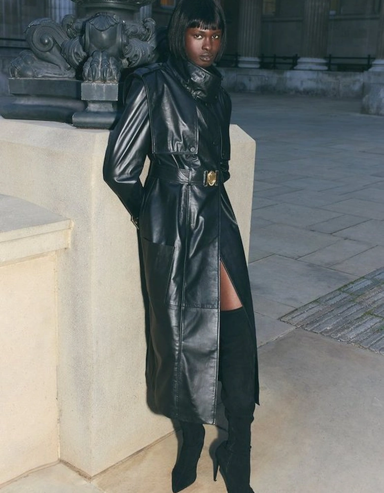 Leather Strong Shoulder Belted Trench Coat