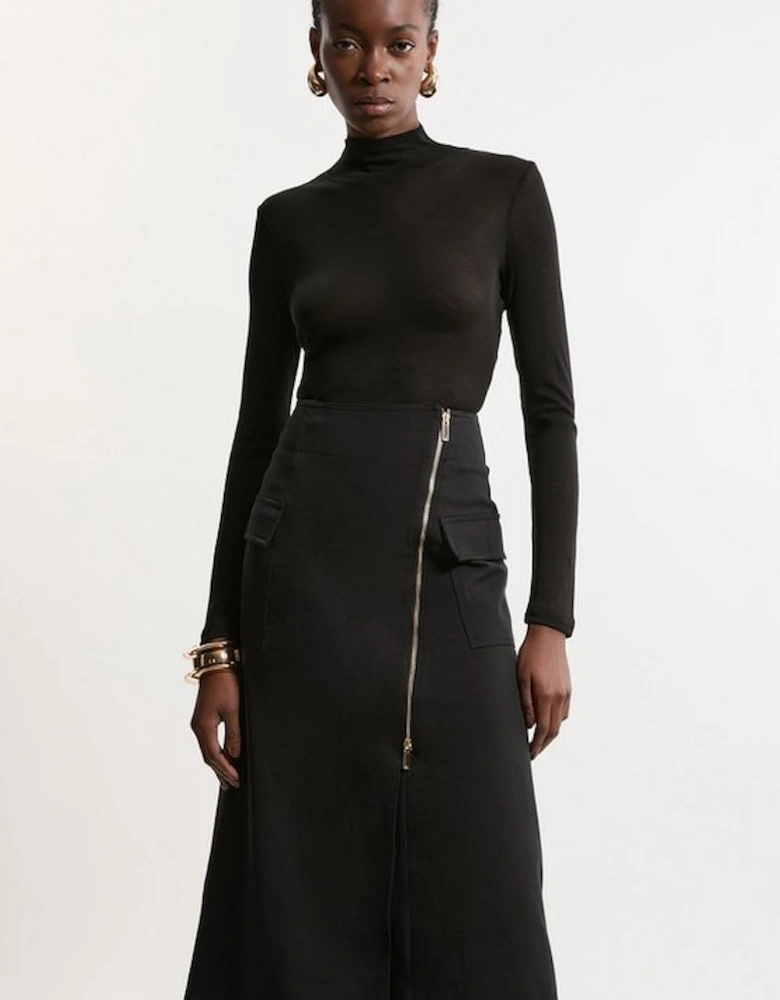 Tailored Asymmetric Wrap Zip Midi Skirt