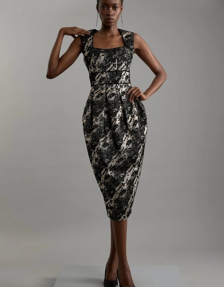 Metallic Velvet Jacquard Tailored Square Neck Midi Dress