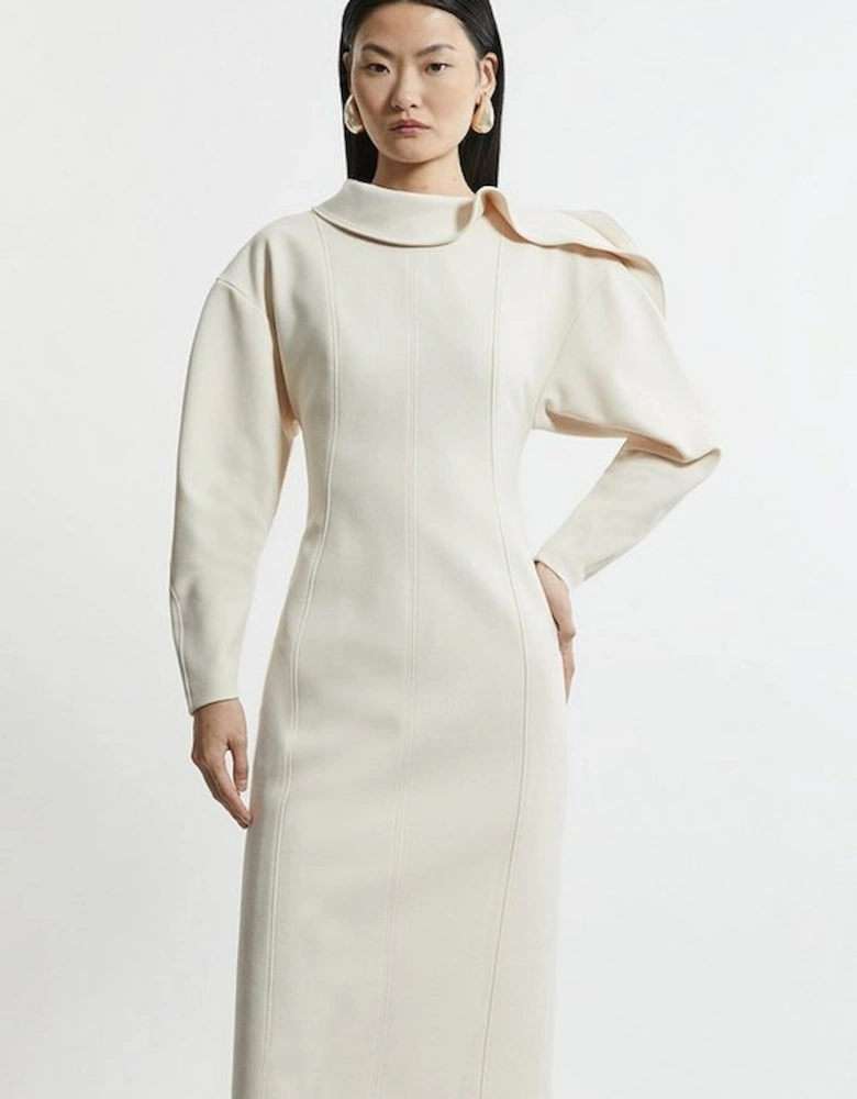 Structured Crepe Tailored Asymmetric Zip Neck Midi Dress