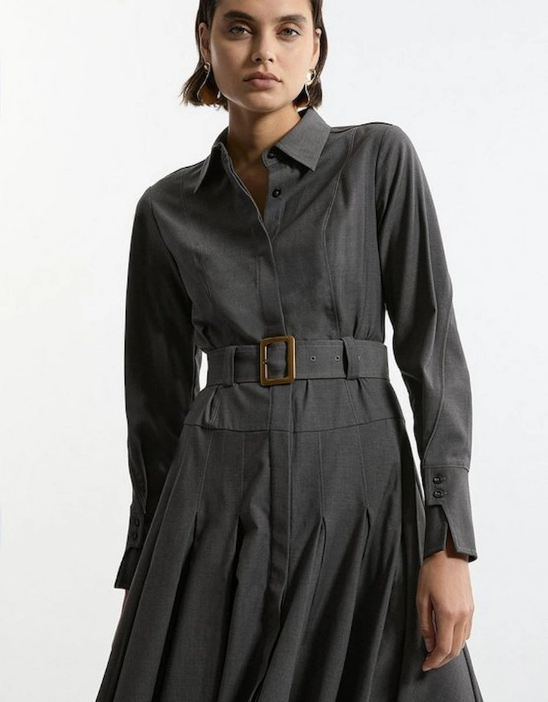 Wool Blend Pleated Tailored Belted Maxi Shirt Dress