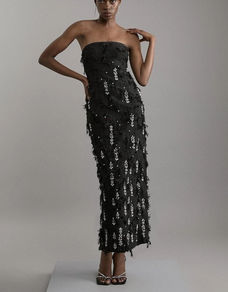 Crystal Embellished Textured Jacquard Bandeau Tailored Midaxi Dress