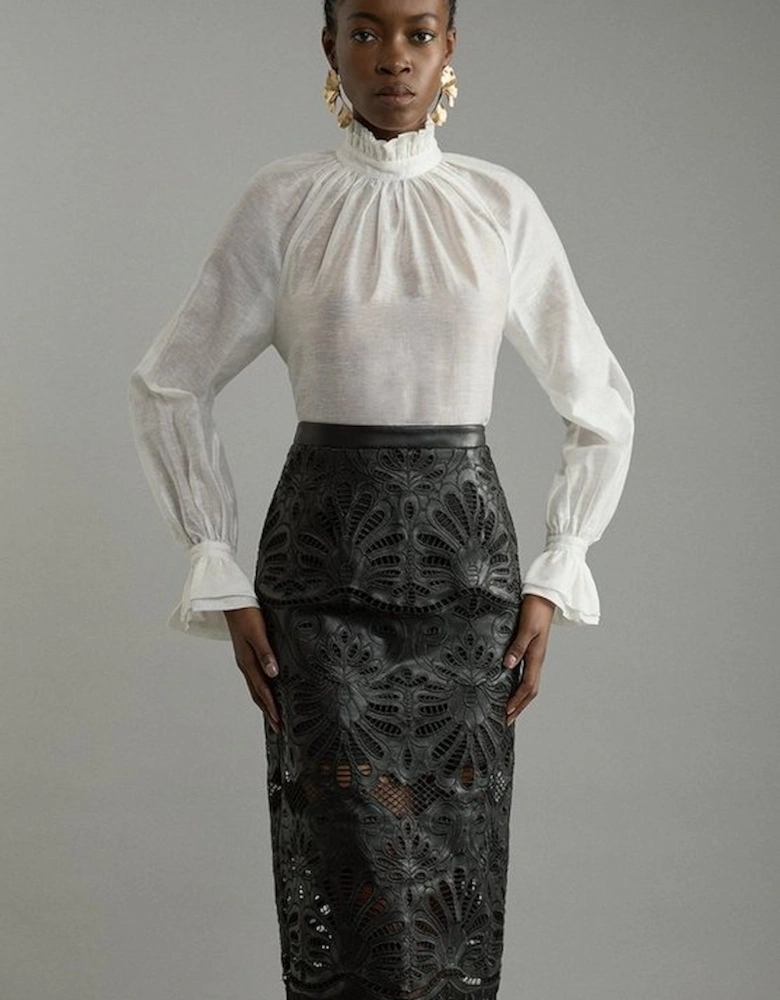 Cutwork Pu Tailored Midi Skirt