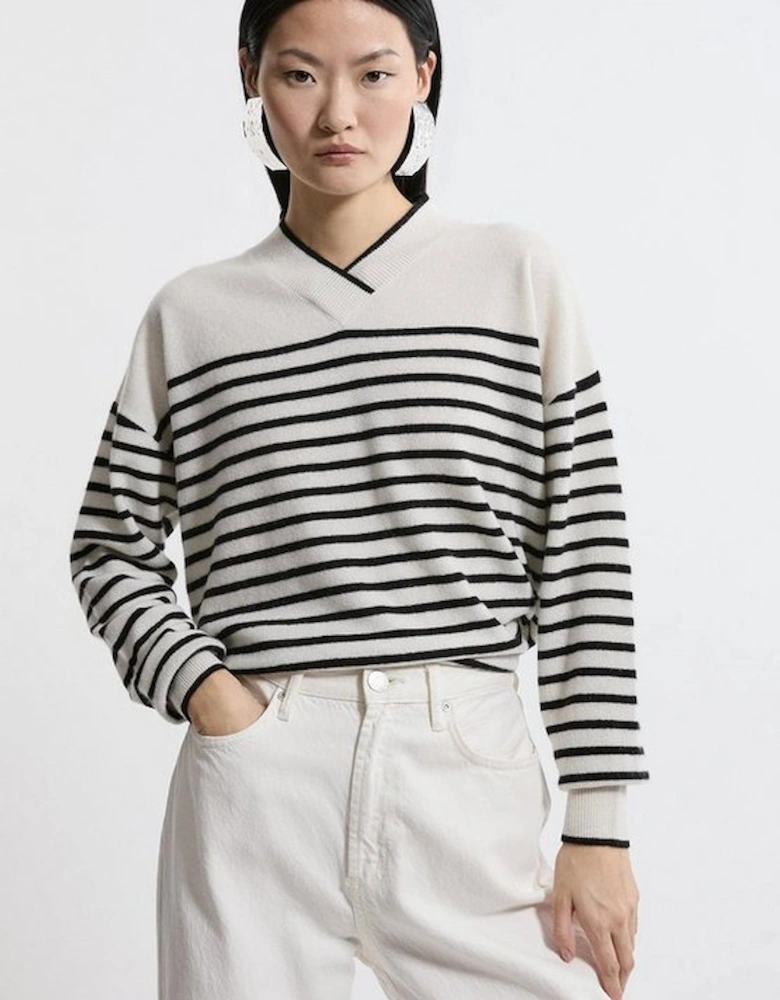 Cashmere Knitted V Neck Contrast Wrap Striped Jumper