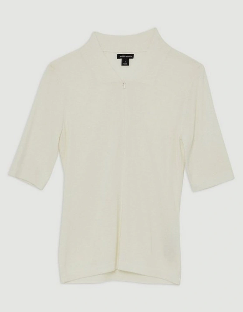 Cashmere Blend Zip Detail Knit Polo Top