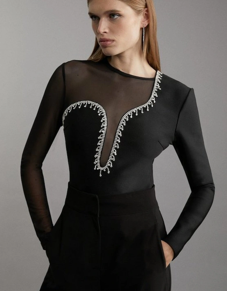 Figure Form Bandage Mesh Detail Embellished Knit Top