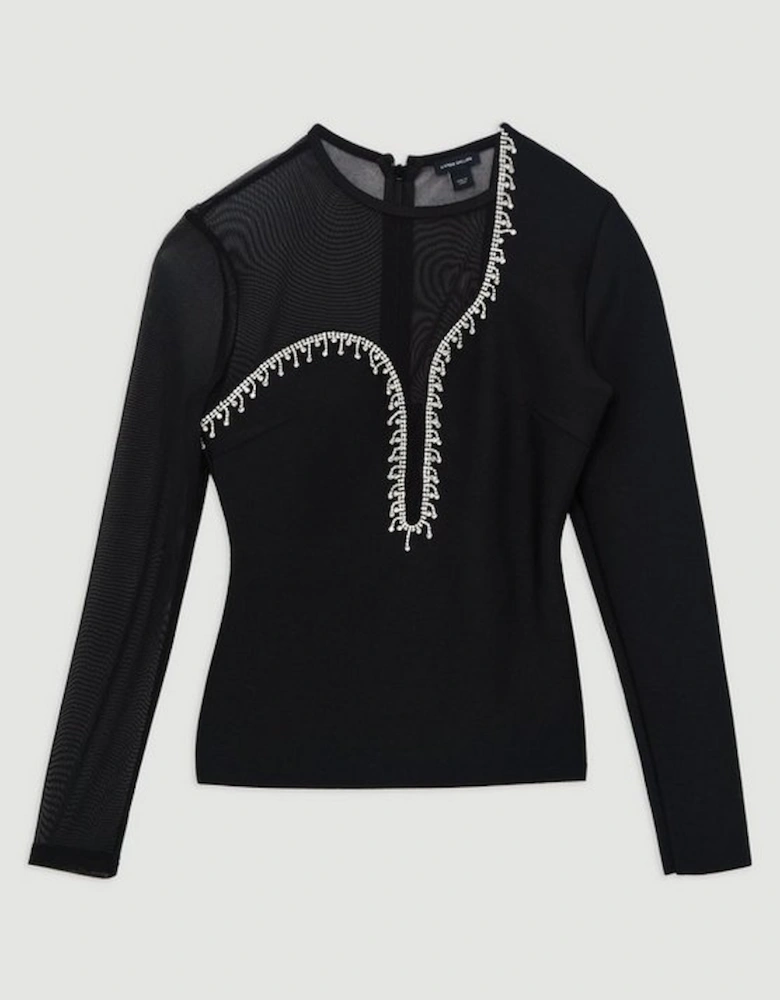 Figure Form Bandage Mesh Detail Embellished Knit Top