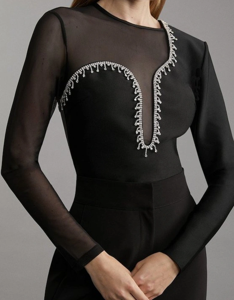 Figure Form Bandage Mesh Detail Embellished Knit Top