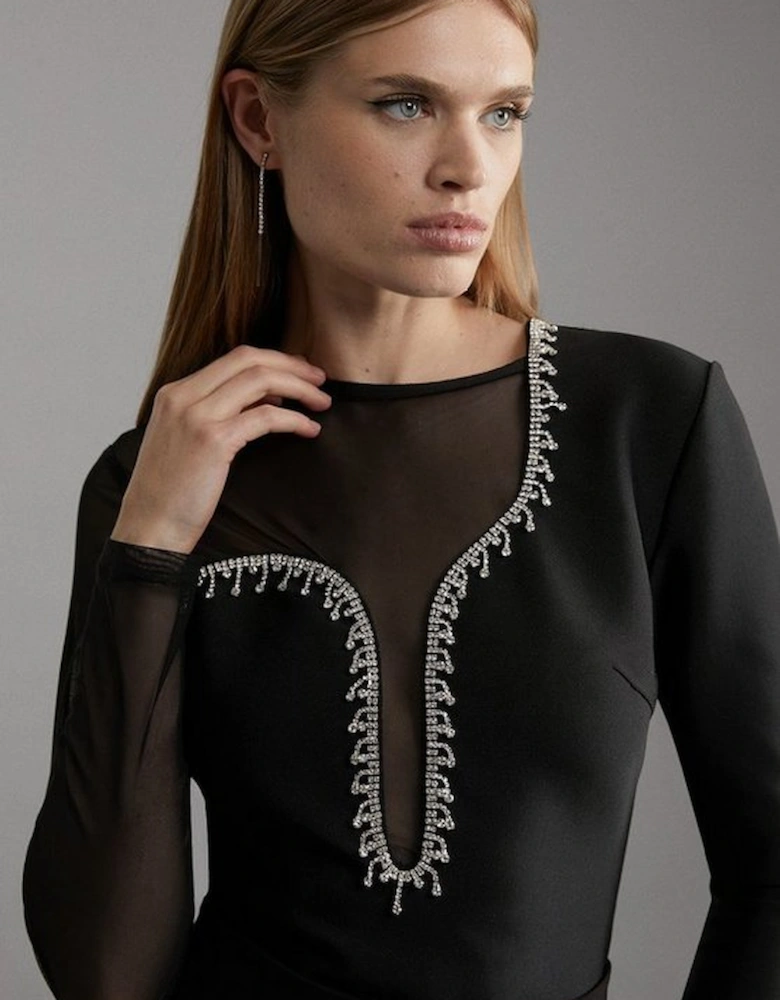 Figure Form Bandage Mesh Detail Embellished Knit Top