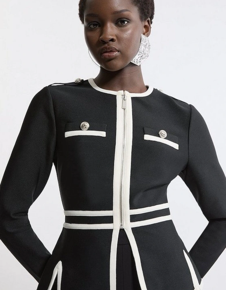 Figure Form Bandage Military Contrast Piping Knit Split Hem Jacket