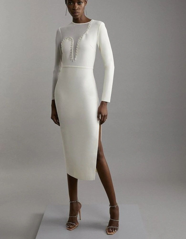 Figure Form Bandage Mesh Detail Asymmetric Trim Midi Dress