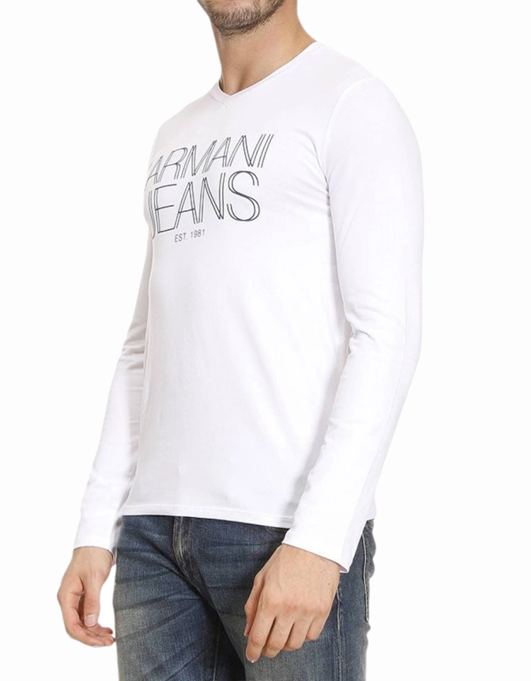 JEANS 6X6T11 6J0AZ Mens T-Shirt V-Neck Long Sleeve Casual White AJ Tops