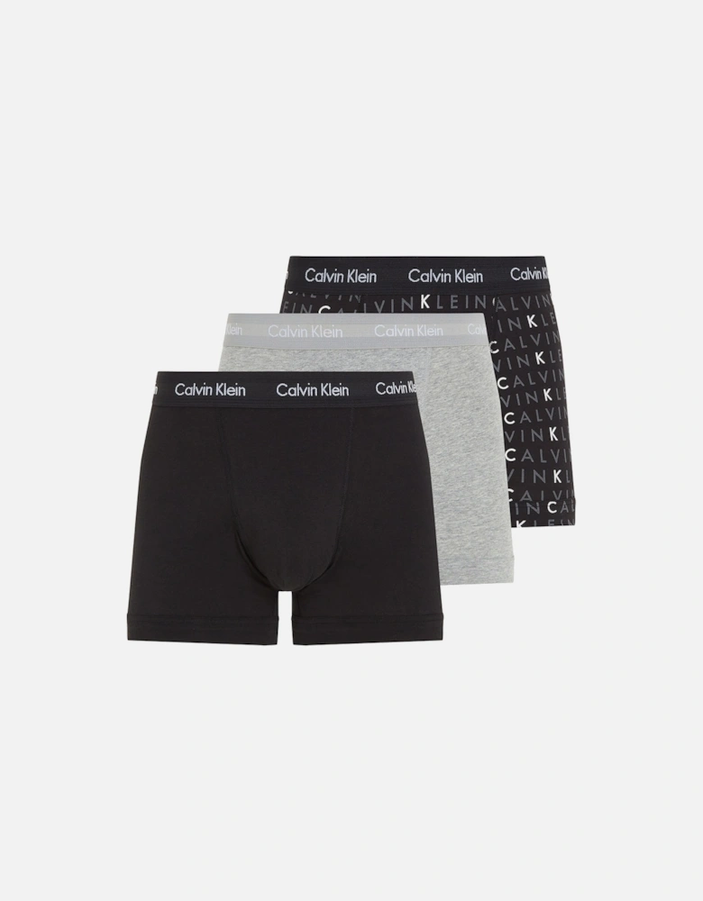 3-Pack All-Over Logo Cotton Stretch Boxer Trunks, Black/Grey