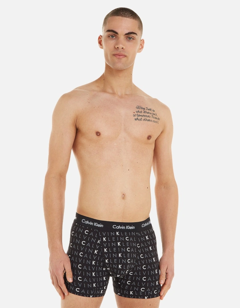 3-Pack All-Over Logo Cotton Stretch Boxer Trunks, Black/Grey