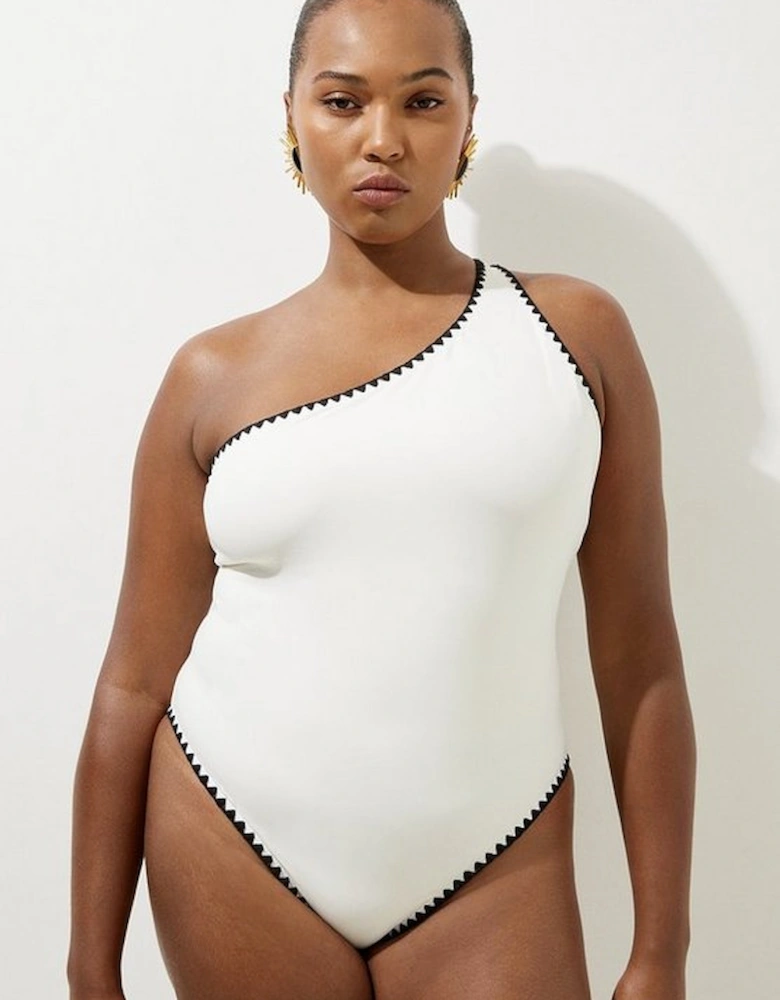 Plus Size Contrast Stitch One Shoulder Swimsuit