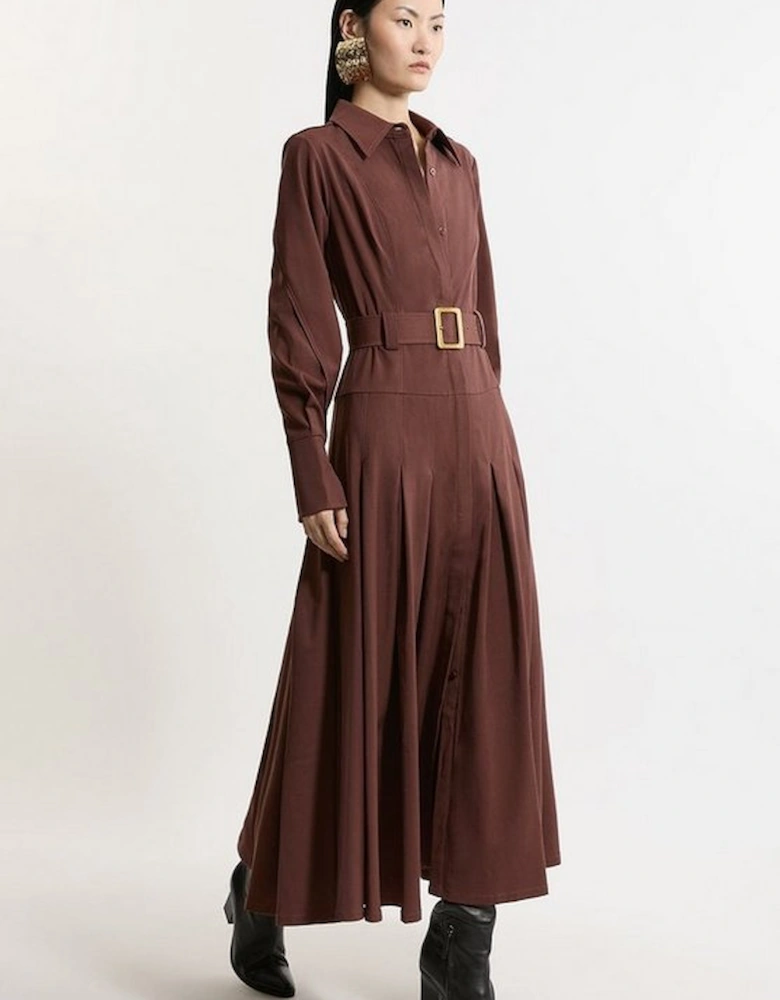 Wool Blend Pleated Tailored Belted Maxi Shirt Dress