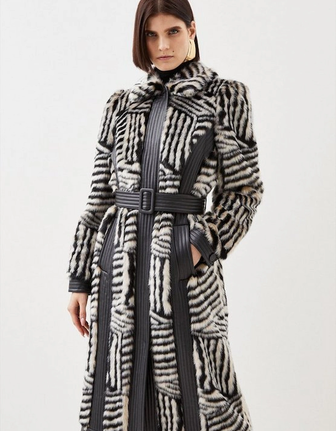 Tall Faux Fur Pu Panelled Stripe Belted Coat, 4 of 3