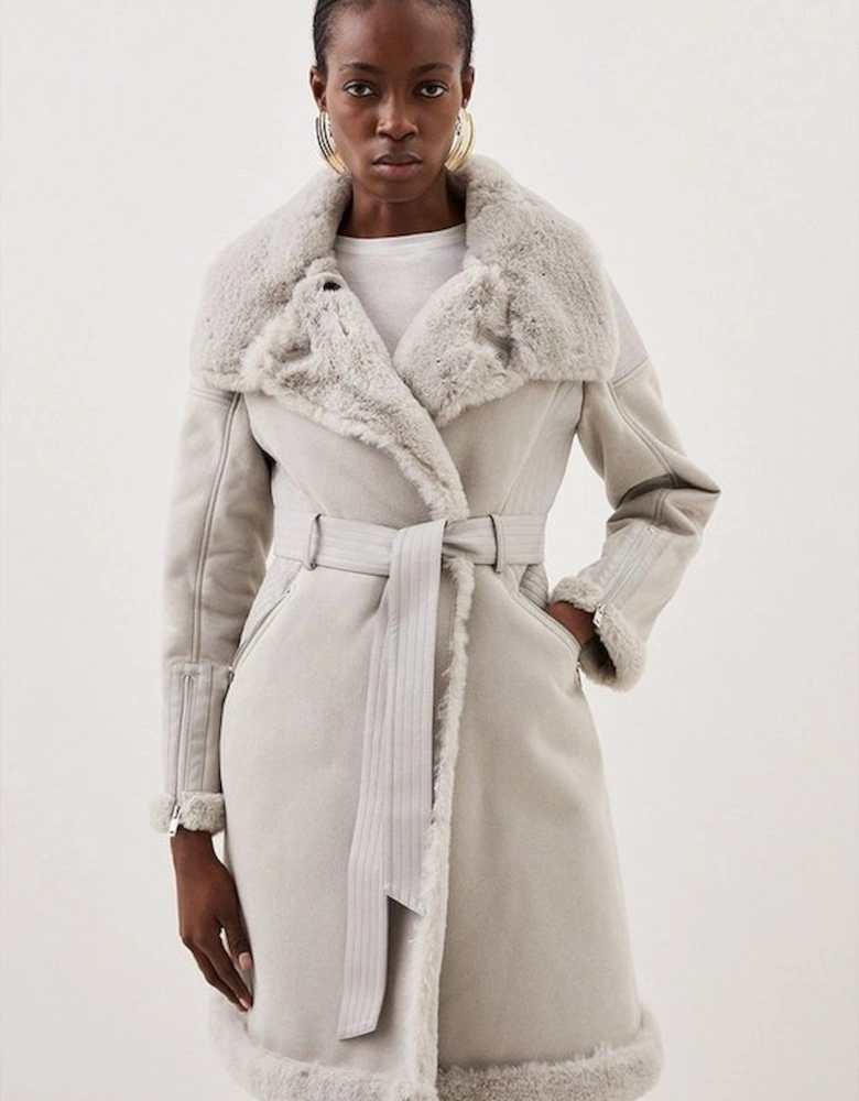 Tall Faux Shearling Biker Longline Belted Coat