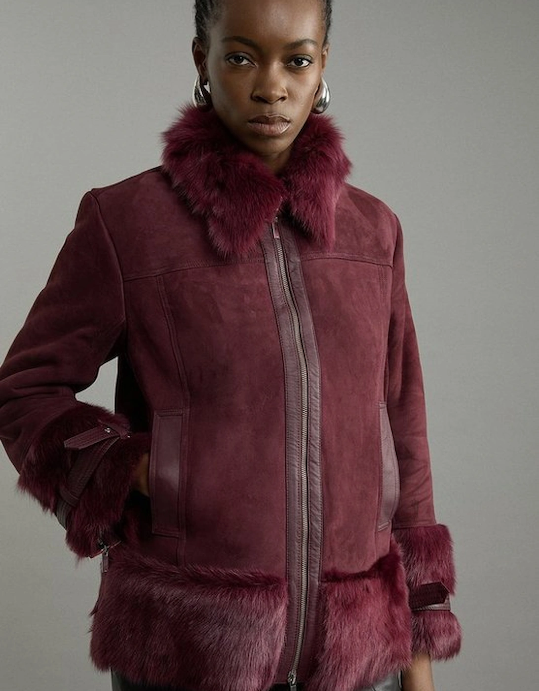 Shearling Buckle Detail Zip Through Coat, 4 of 3