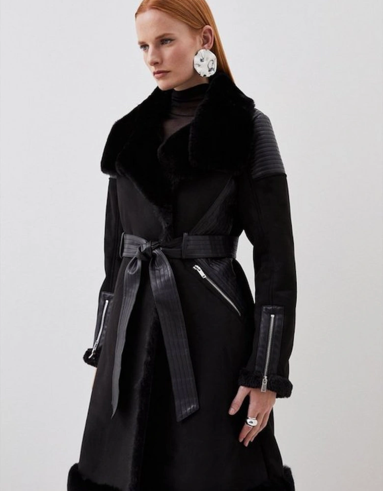 Petite Faux Shearling Biker Longline Belted Coat