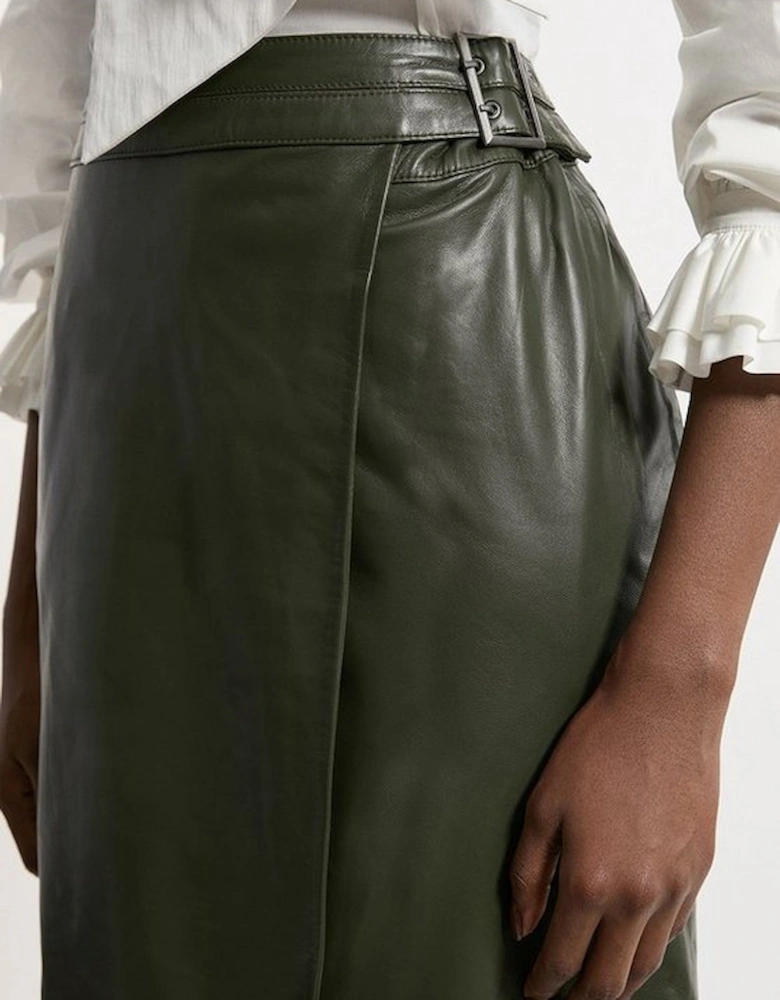 Leather Double Waistband A-Line Midi Skirt