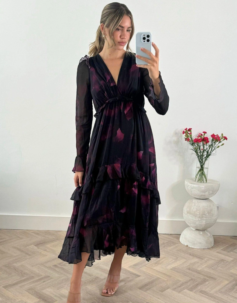 Floral Print Tiered Skirt Midi Dress - Black