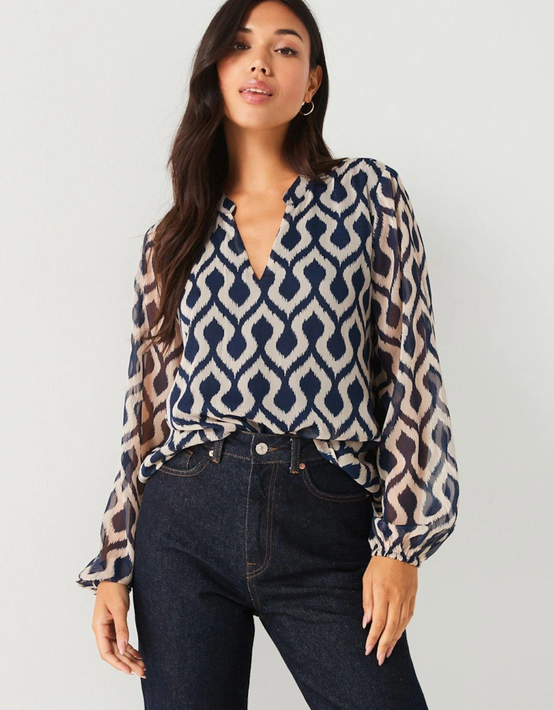 Printed V Neck Blouse - Blue