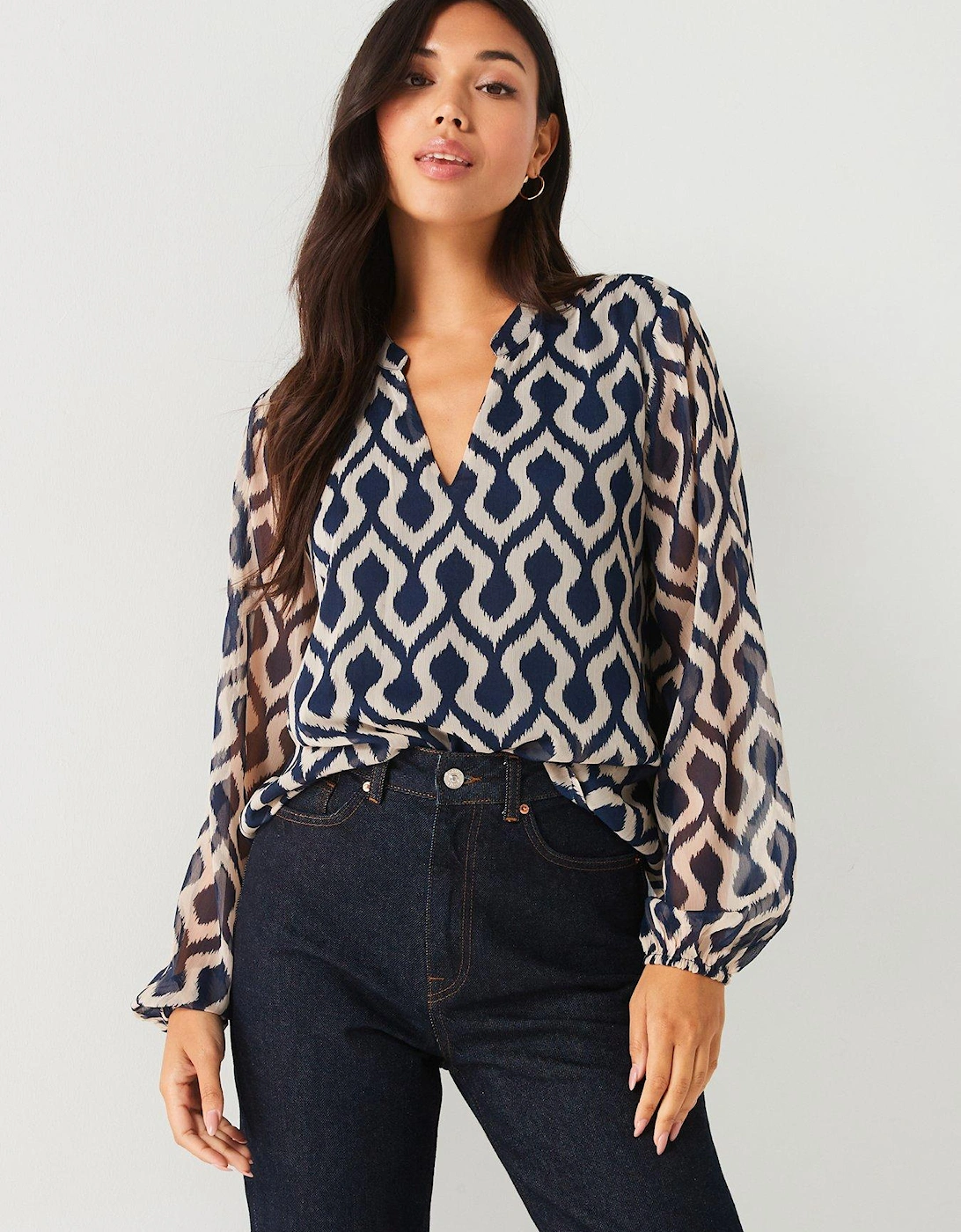 Printed V Neck Blouse - Blue, 5 of 4