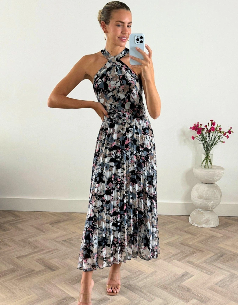 Floral Print Halter Neck Midi Dress - Multi