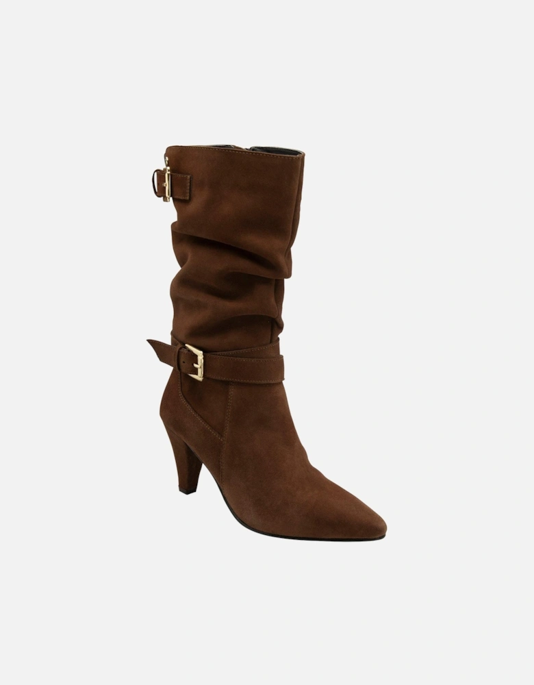 Guise Slouch Buckle Heeled Boot - Brown Suede